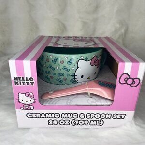 NEW Sanrio Hello Kitty | Ceramic 24oz Mug & Spoon Set | Pink &‎ Green w/Bows